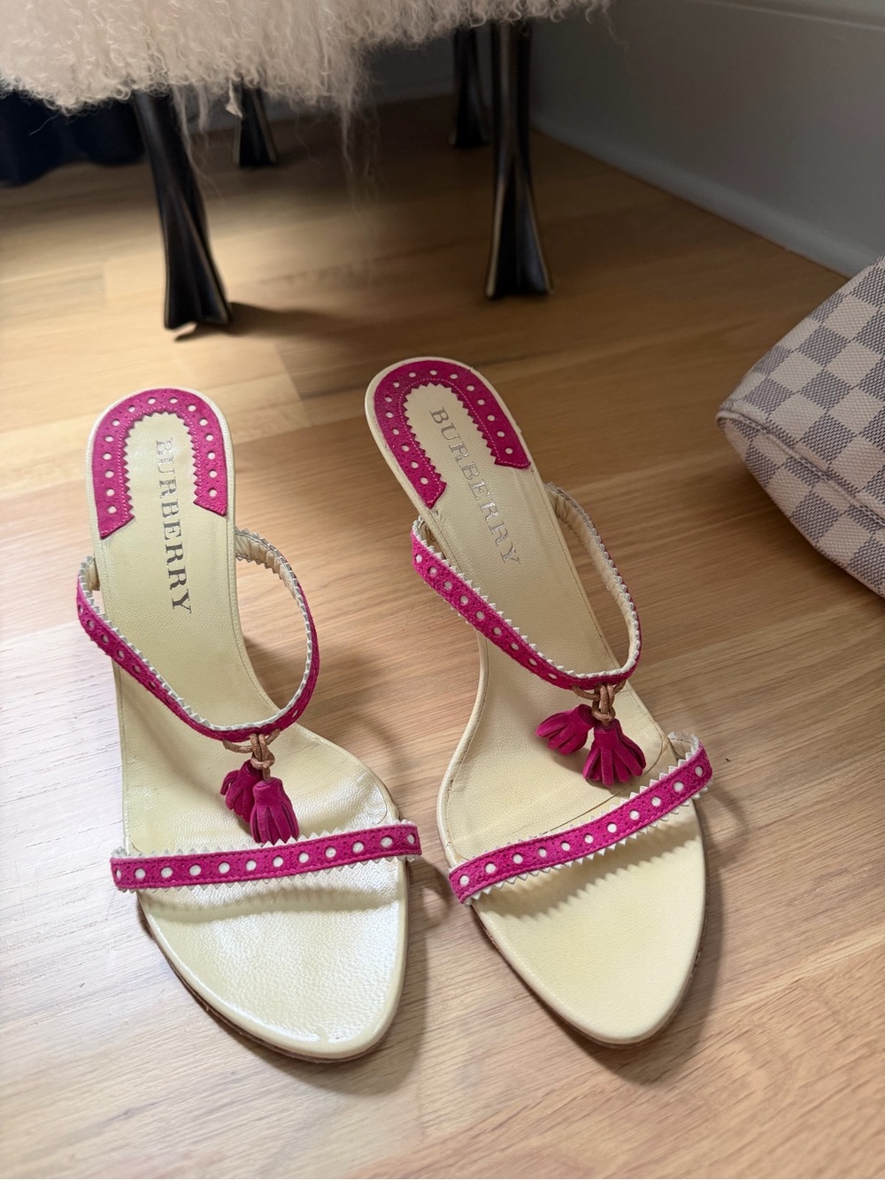 Burberry Cream Leather Sandals with Fuchsia Tassel Straps